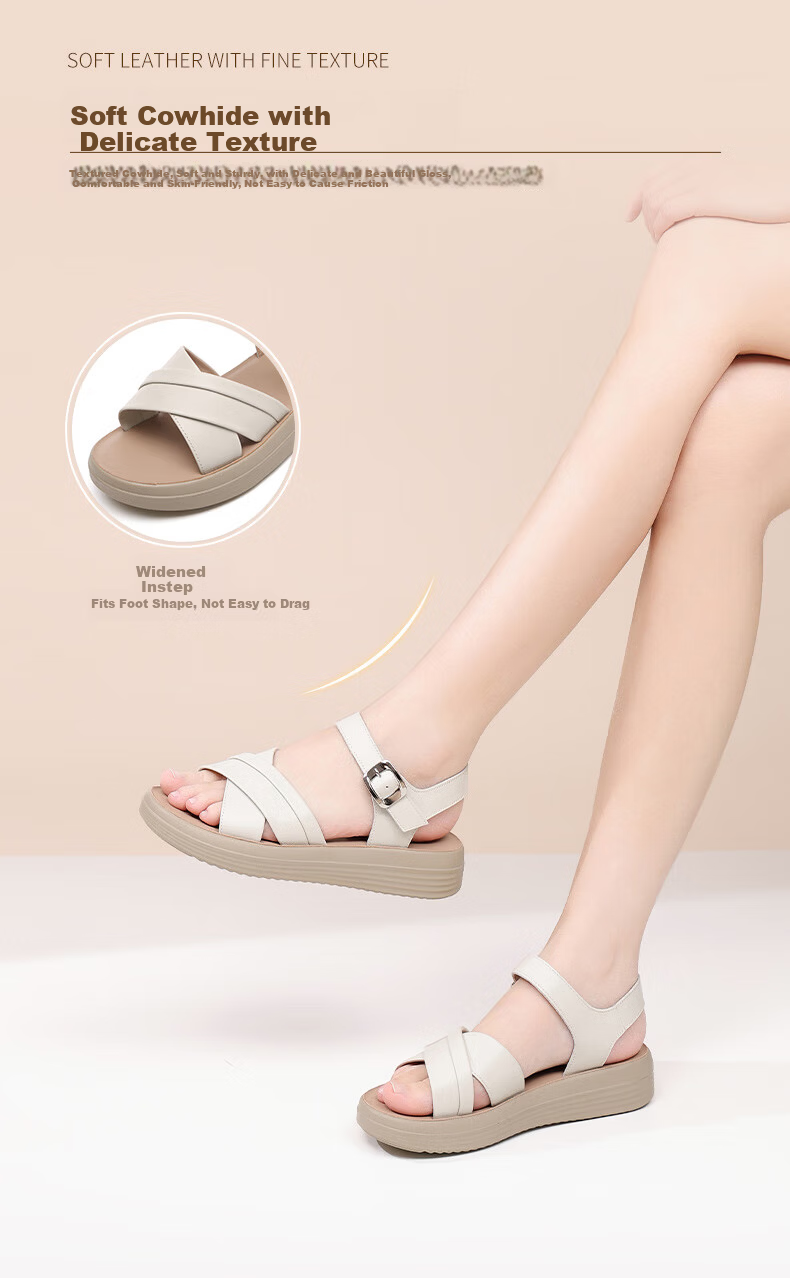 Red Dragonfly Women's Summer Sandals Soft Leather Soft Sole Middle-Aged and Elderly Ladies Mid-Heel Beach Shoes WTK251582 Off-White Size 36 3