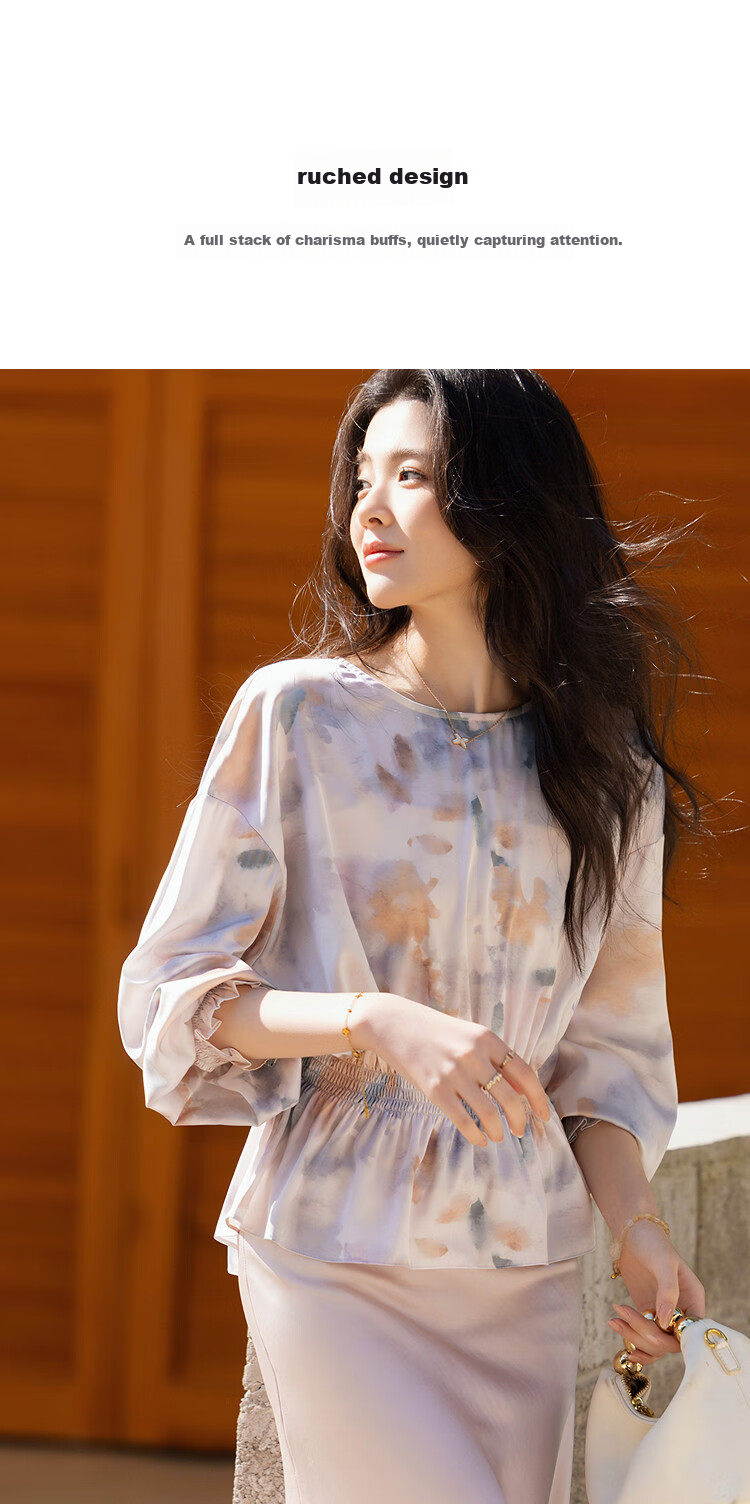Demana [Floral Melody] Spring Gentle Style Round Neck Printed Ruched Ruffle Hem Loose Fit Petite Women's Shirt 7