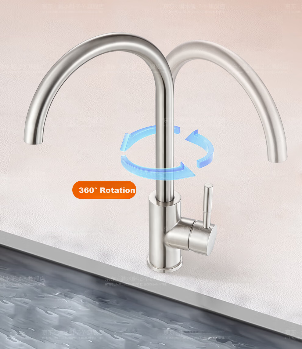 Submarine L7201 Stainless Steel Kitchen Sink Faucet, Top-Mounted, 360° Rotating, Hot And Cold Water Tap, Silver Brushed Finish 10
