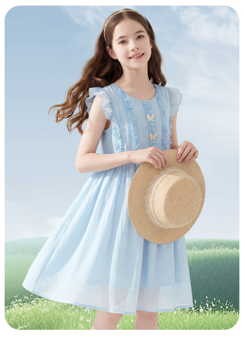 Disney Girls' Tencel Dress Summer New Princess Dress for Older Girls 1A113 Sky Blue 150 17