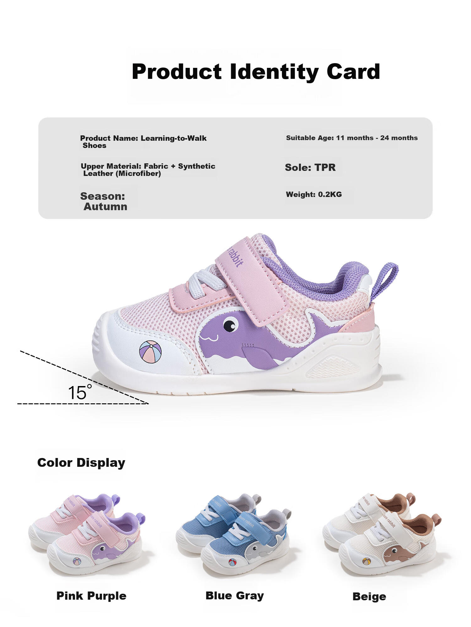 More Rabbit Children's Walking Shoes Spring and Autumn New Boys Kindergarten Pre-Walking Shoes Girls Baby Soft Sole Casual Mesh Shoes 3