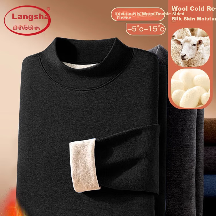 LangSha Mid-Neck Wool and Silk Thermal Underwear Set for Men 26 Autumn Winter New 7A Antibacterial Fleece Lined Heating Top and Bottom Set