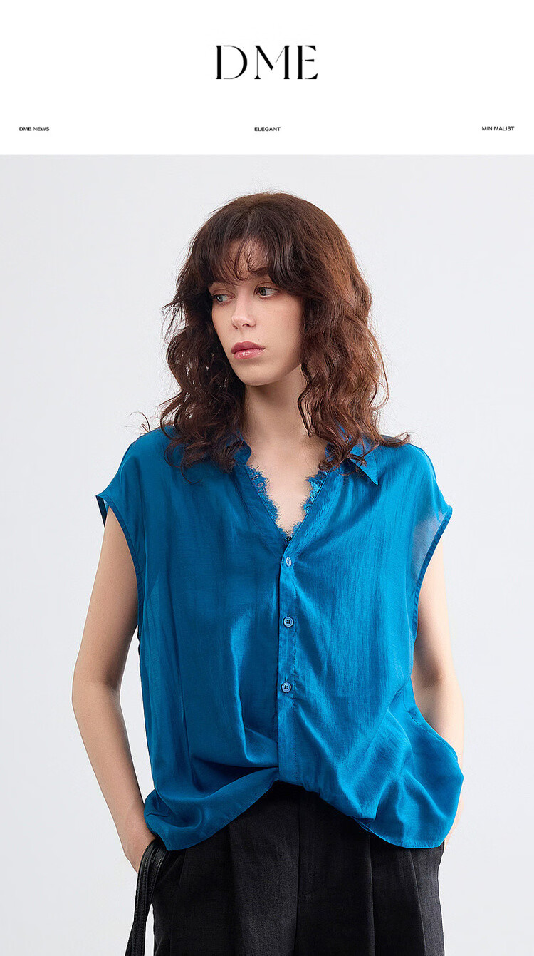 Demana [Breathable Tencel] Summer Lace Splice Turn-down Collar Knot Hem Lightweight Loose Shirt for Women Premium Quality 1