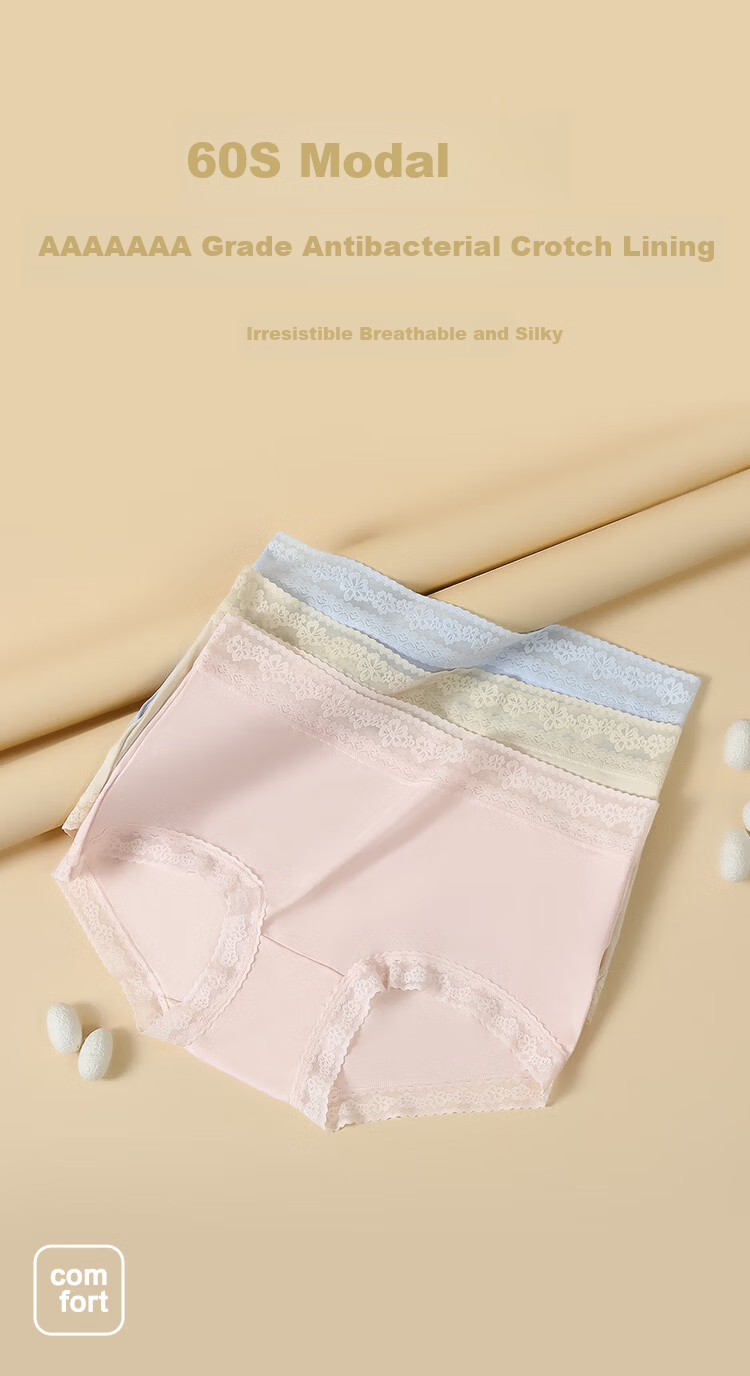Hongdou Women's Underwear 7A Antibacterial Silk Crotch 60S Modal Soft Elastic Lace Trim Triangle Panties 3-Pack 1
