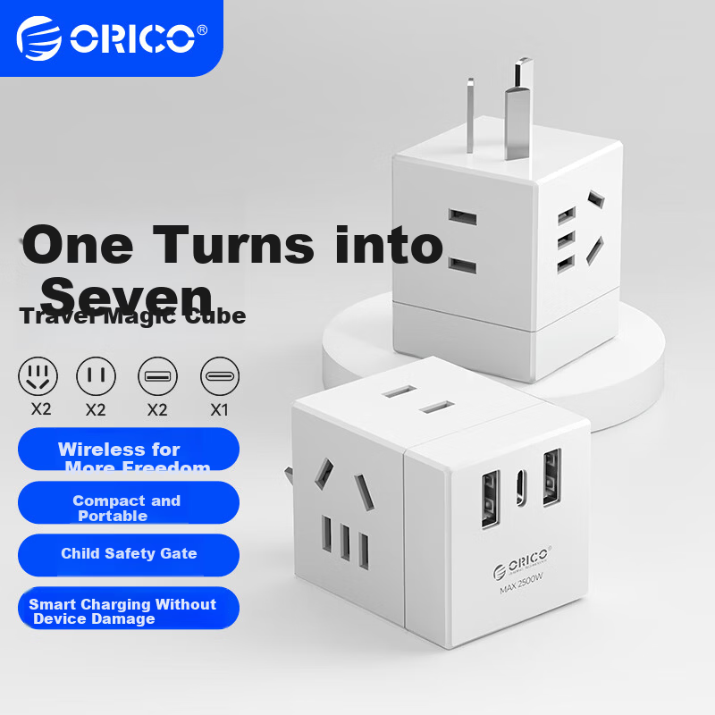 ORICO Cube Power Strip, One-To Adapter, USB Socket/power Bar/extension Cord, Type-C Port + USB Port + 4 Outlets, White