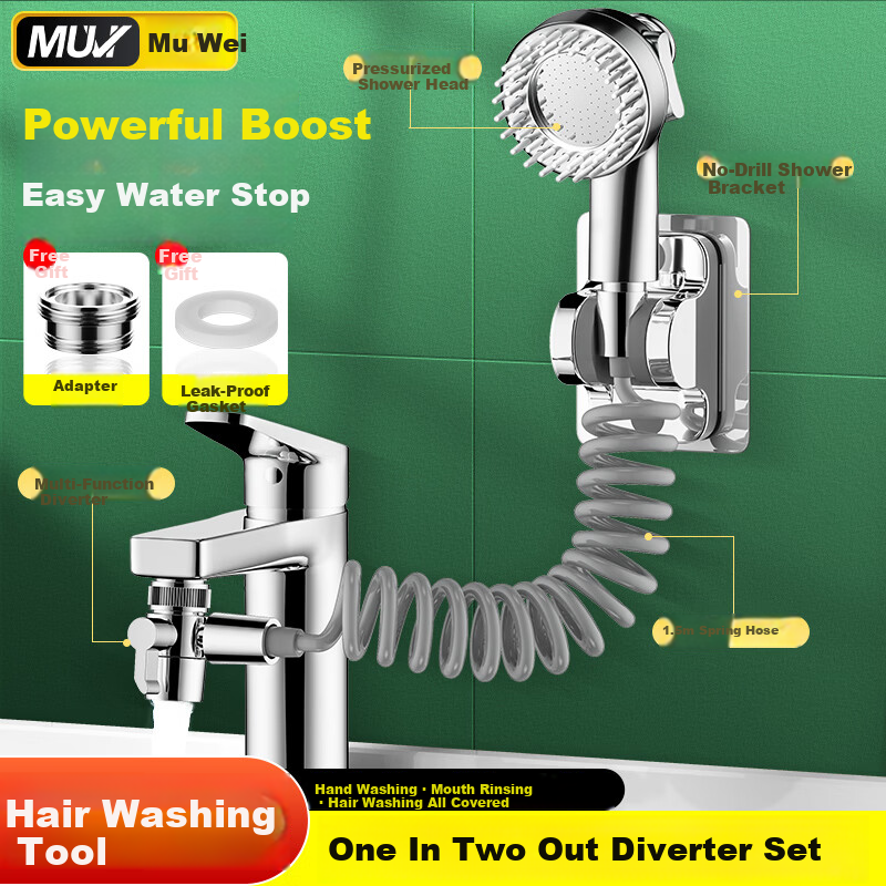 Muvi Faucet Extender External Booster Shower Head Washing Hair Tool Face Basin Mouth Rinse Splitter Adapter 2-in-1