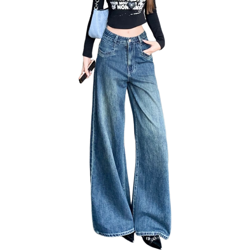 Jeanswest High Waist Women's Flared Jeans 2026 Spring Summer Slim Fit Retro Blue Wide Leg Pants L