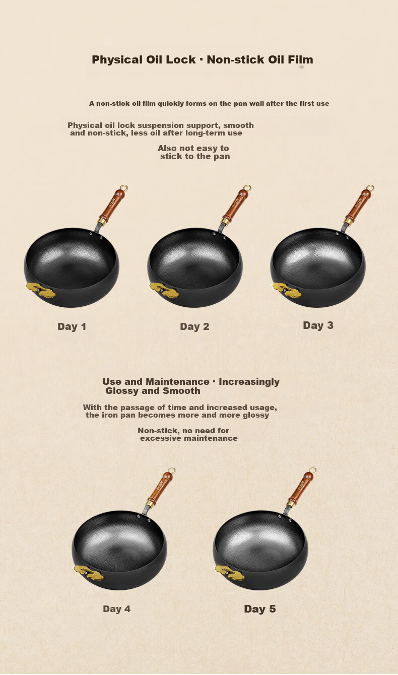 Guzhenjiang Large Belly Iron Wok, Non-Stick Frying Pan for Home Use, Non-Coated, Suitable for Induction And Gas Stoves, Three-Piece Set, with Handles, 28cm 7