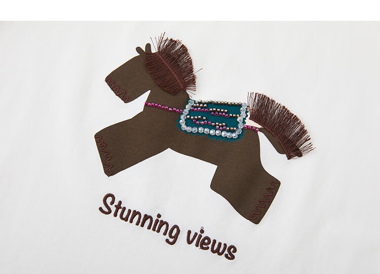 Demana [Cool Feeling Sorona] Summer Crew Neck Small Horse Screen Print Tassel Embroidery Rhinestone Slim Fit T-Shirt for Women Premium Quality 17