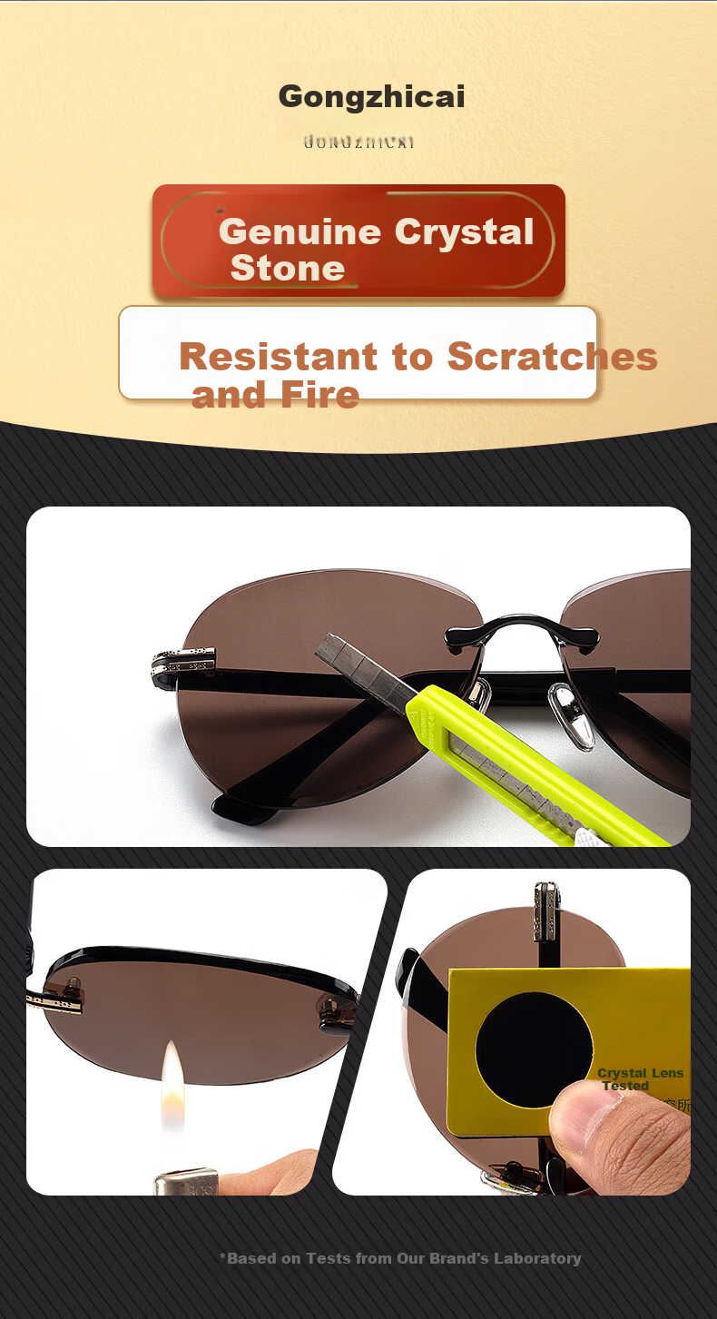Gongzhicai Brown Crystal Lens Luxury Frameless Pilot Men's HD Stone Outdoor Sunglasses Anti-Glare 3