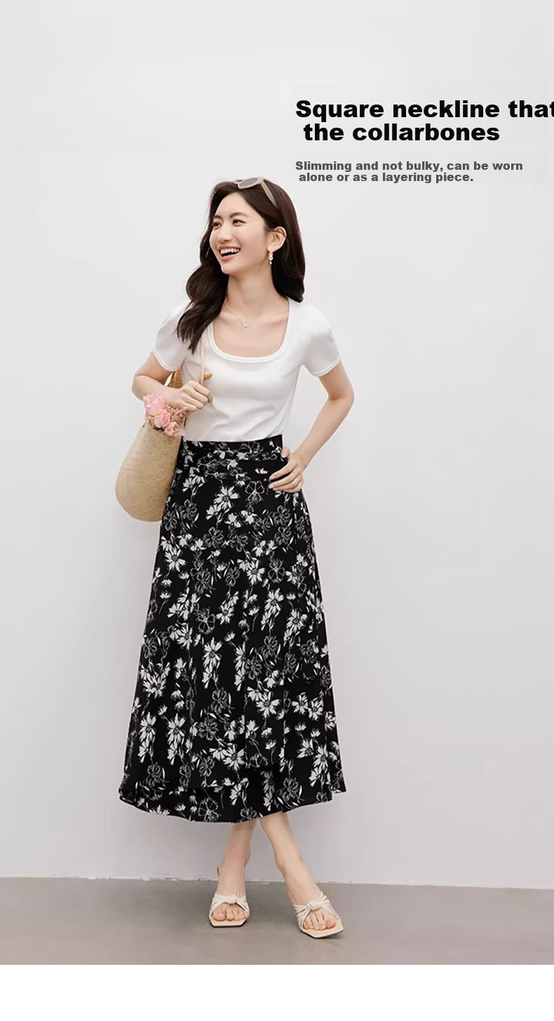 Woodpecker Women's Square Neck Short Sleeve T-Shirt 2025 New Spring Summer Casual Slim Fit Solid Color High-End Top White S 1