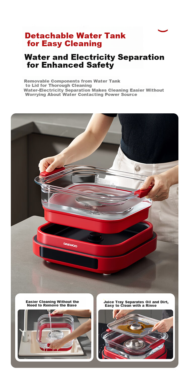 DAEWOO Wanshi Electric Steamer Thickened High Borosilicate Glass Multifunctional Stew Steam Cook 3-in-1 Steam Pot Grill Hot Pot Stainless Steel S31 Red 15
