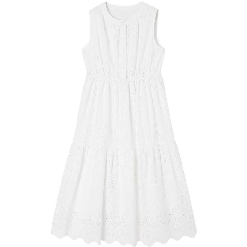 Demana [Cloud Breath Pure Cotton] Summer Artistic Fresh Heavy Embroidery Sleeveless Waist-Cinched A-Line Mid-Length Dress for Women
