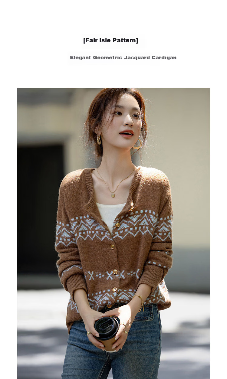 Demana Autumn Fair Isle Wool Blend Jacquard Cardigan Loose Knit Sweater for Women 1