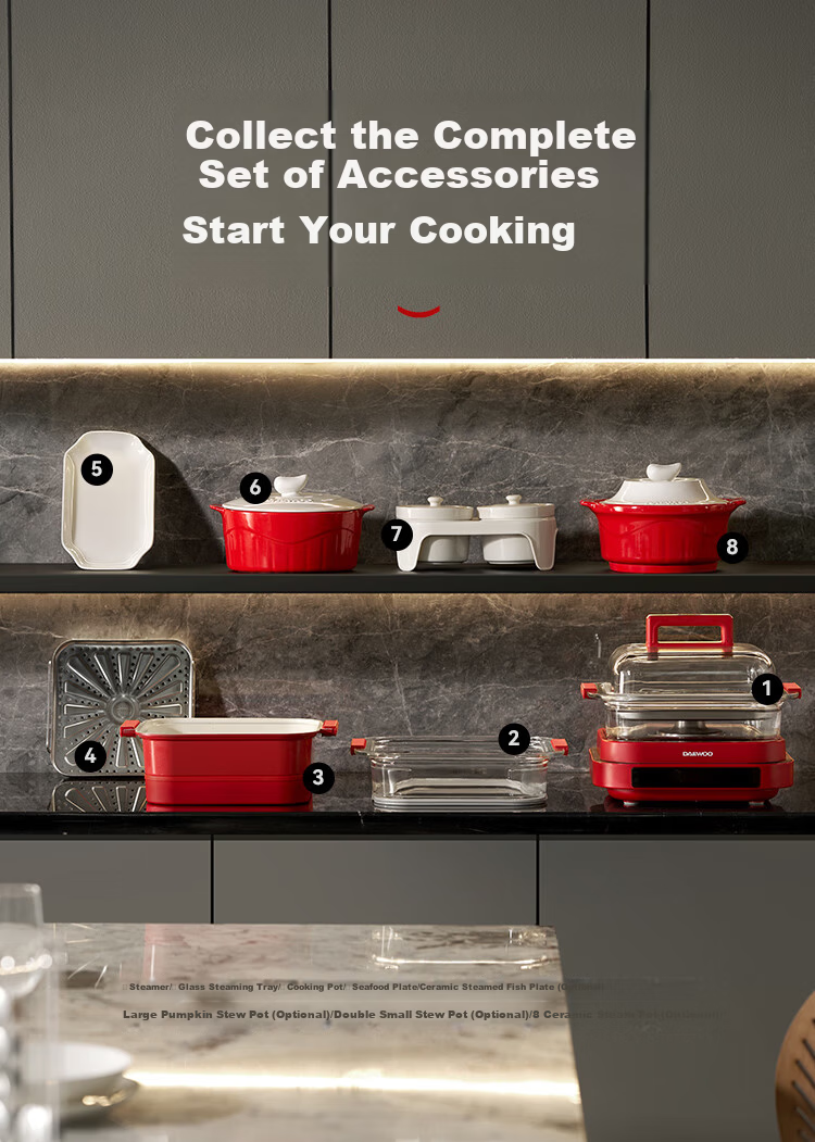 DAEWOO Wanshi Electric Steamer Thickened High Borosilicate Glass Multifunctional Stew Steam Cook 3-in-1 Steam Pot Grill Hot Pot Stainless Steel S31 Red 23