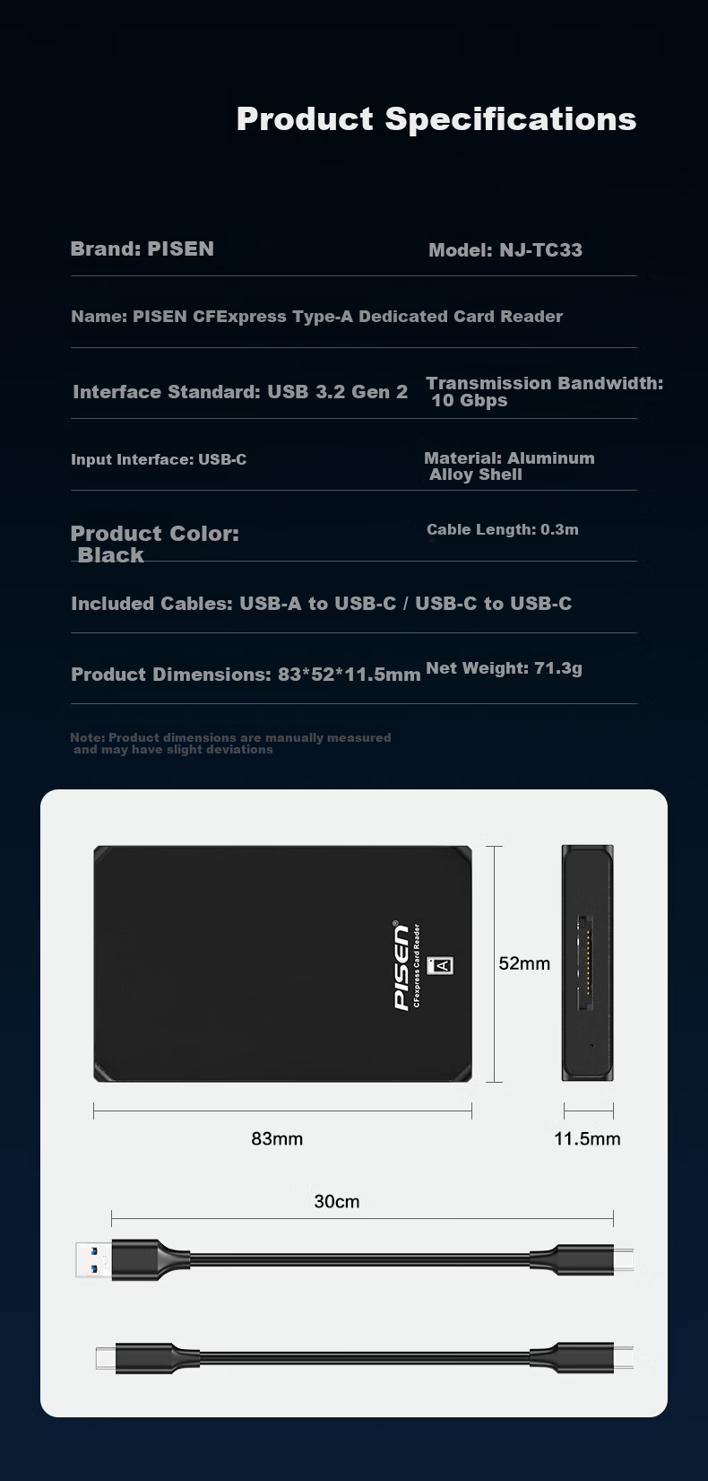 Pisen CFA Card Reader USB 3.2 CFA Card Reader 10G Transmission Type-A Compatible with Apple 15/16 Lexar Transcend Sony Canon Nikon Camera Memory Cards 5