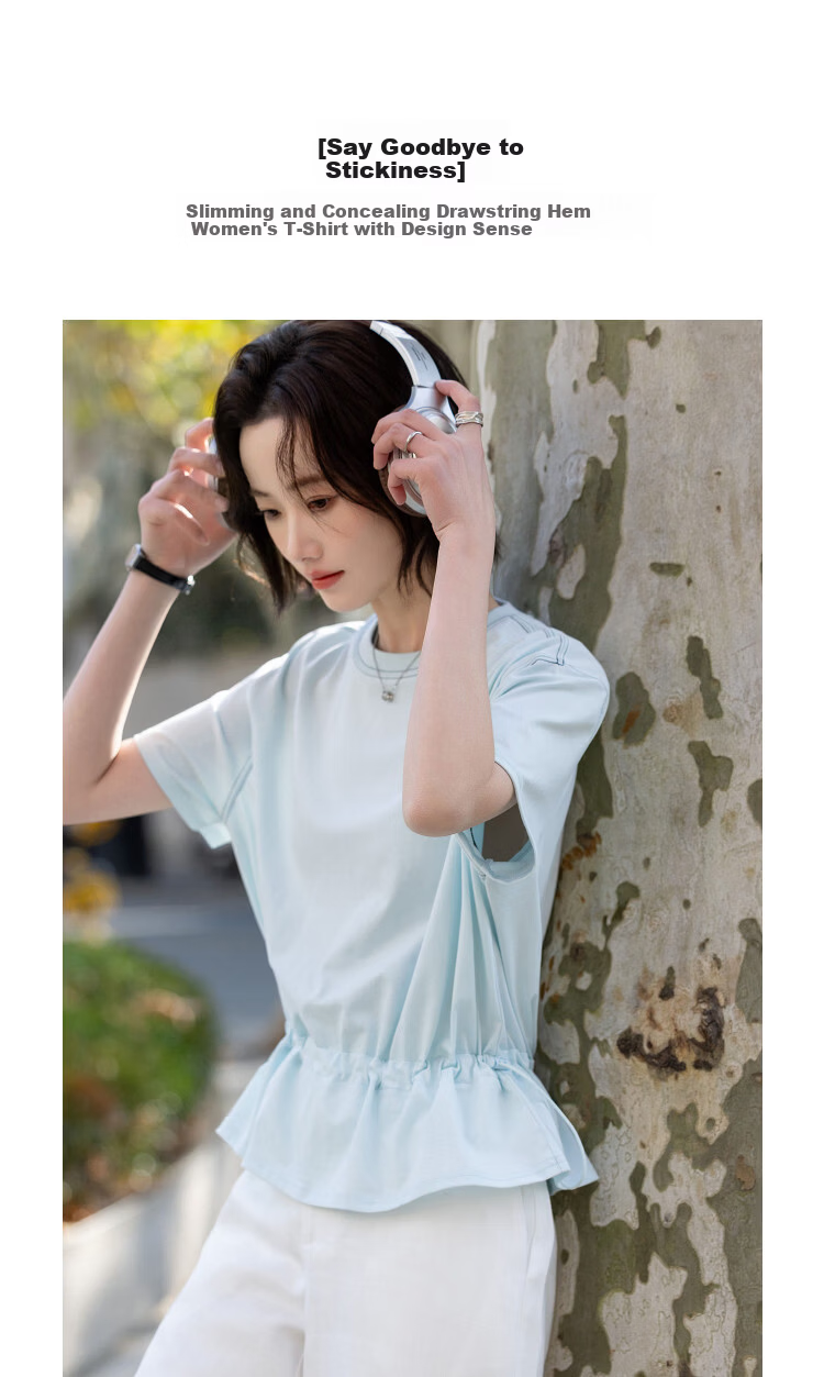 Demana [Cooling Sorona] Summer Anti-Stickiness Round Neck Short Sleeve Drawstring Hem Slimming Concealing T-Shirt for Women Premium 2