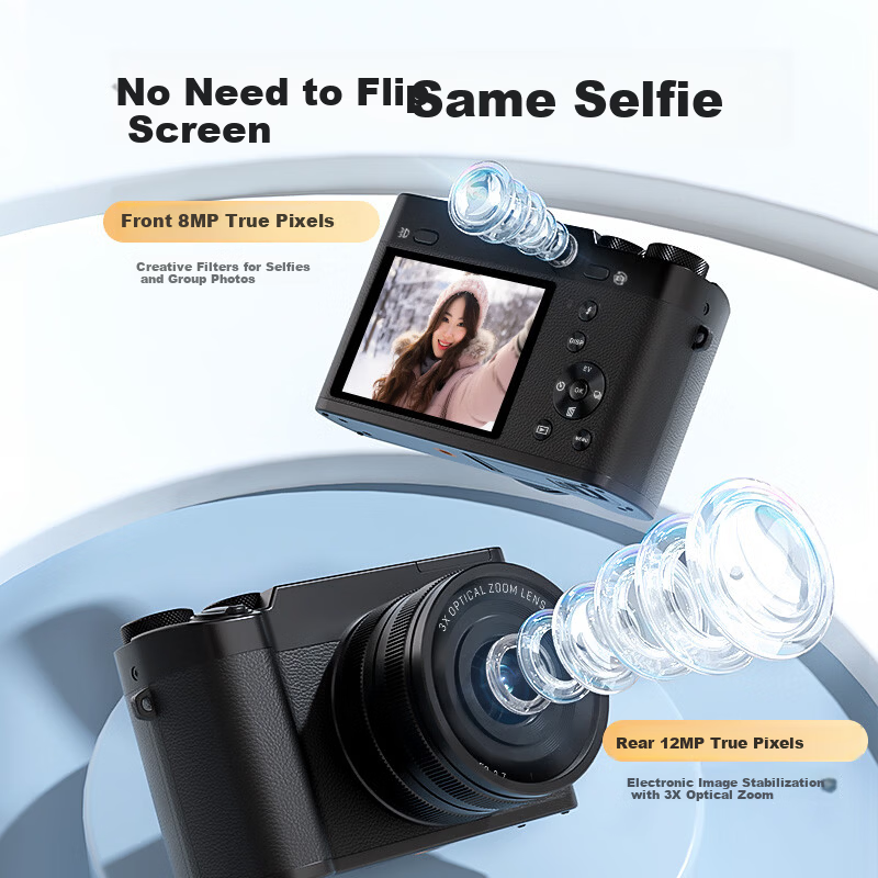 SONGDIAN Digital Camera Front and Rear Dual 5K Vlog 3X Optical Zoom Mirrorless Portable Student Camera DC205X Black 128GB Memory