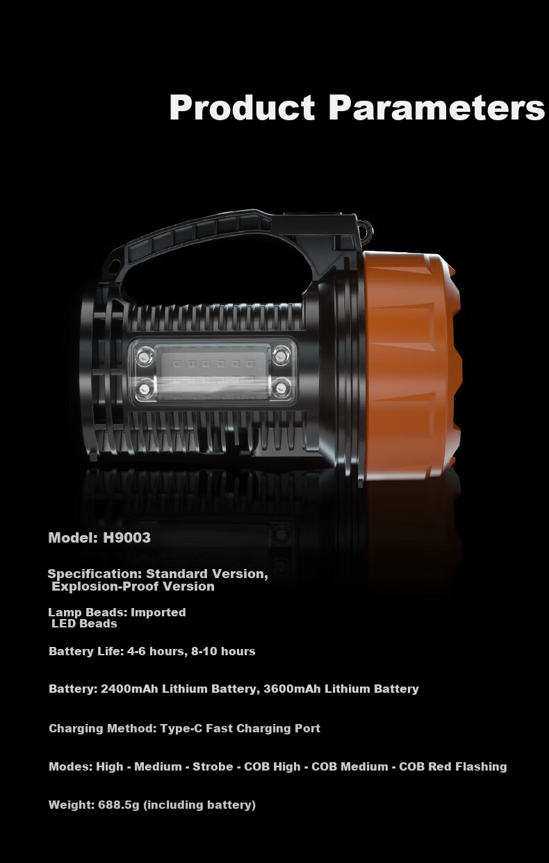 Warsun 9003 Dual Explosion-Proof LED Flashlight Rechargeable Military Ultra-Bright Patrol 5W 3.7V for Gas Stations and Chemical Use 14