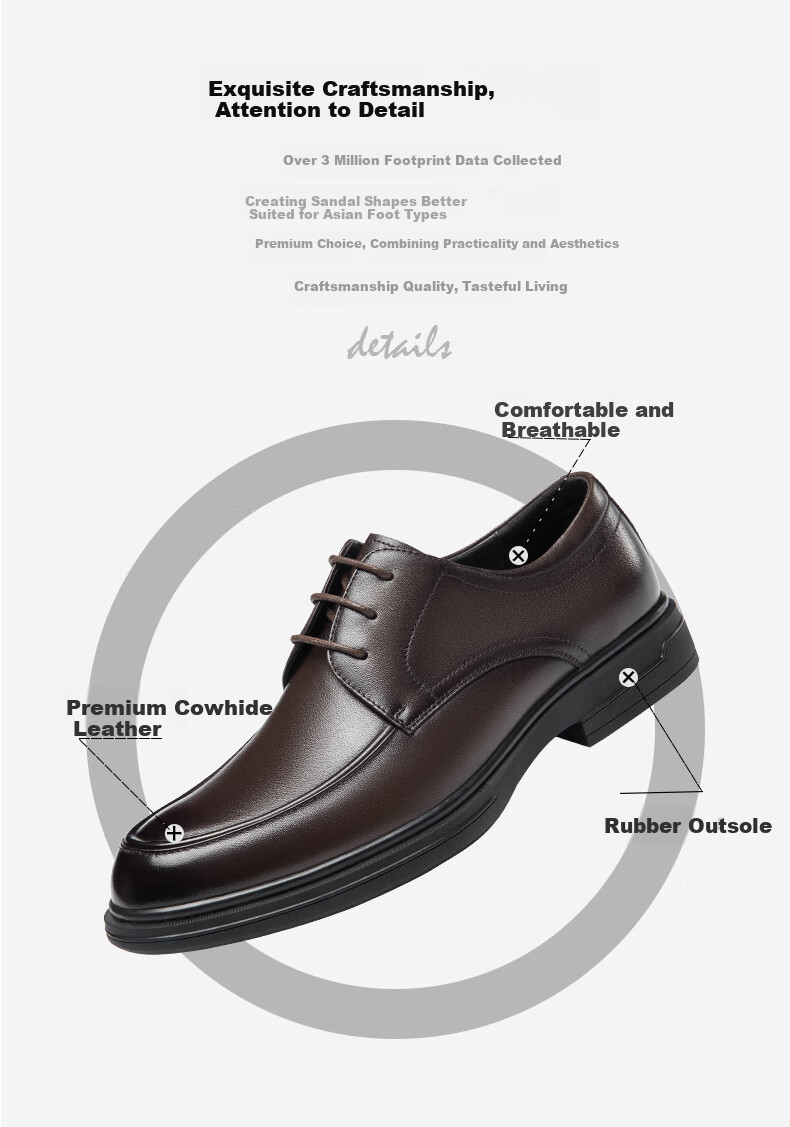 Aokang Lace-Up Comfortable Sole Solid Color Business Formal Breathable Men's Leather Shoes Black Size 43 2