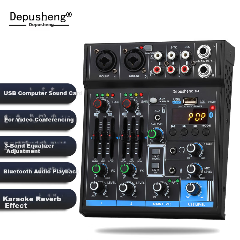 Depusheng Professional 4-Channel Mixer USB Sound Card Bluetooth USB EQ Reverb 7-In 4-Out M4 for Computer Live Streaming Recording Home KTV Singing Video Conference Karaoke