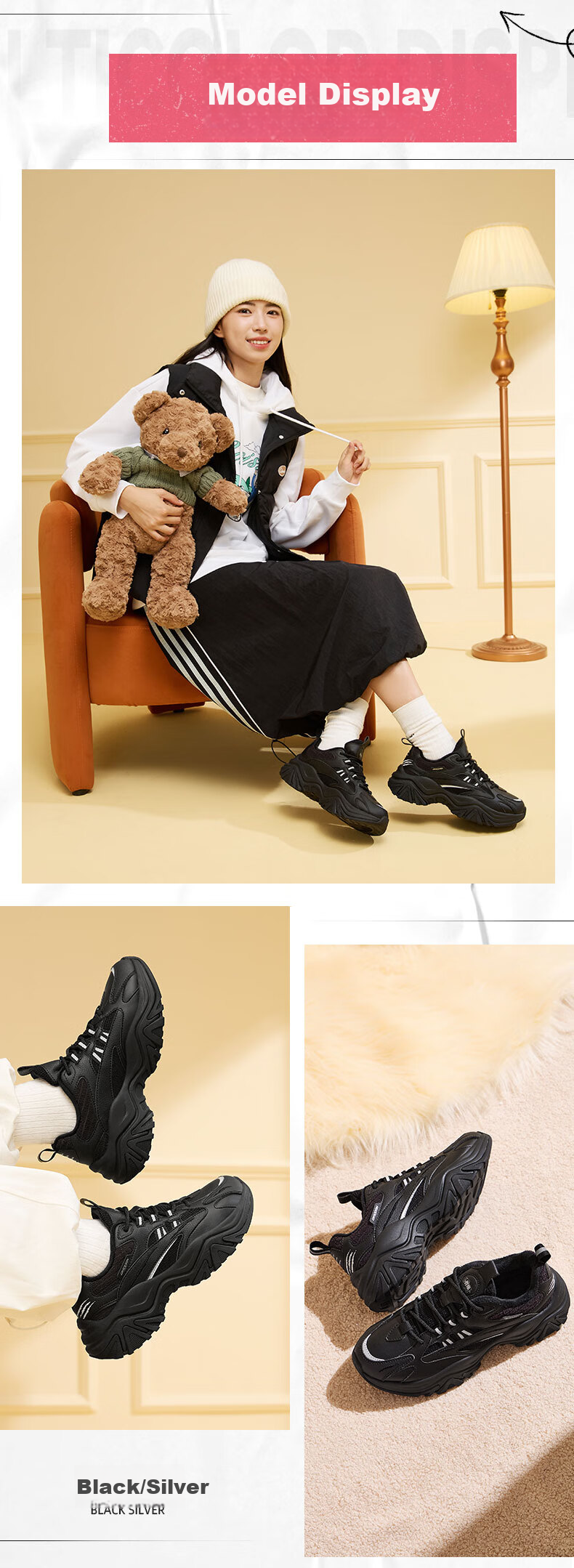 QIAODAN Women's Sports Cotton Shoes Casual Hard Candy Dad Shoes Leather Fleece Warm Running Shoes 8