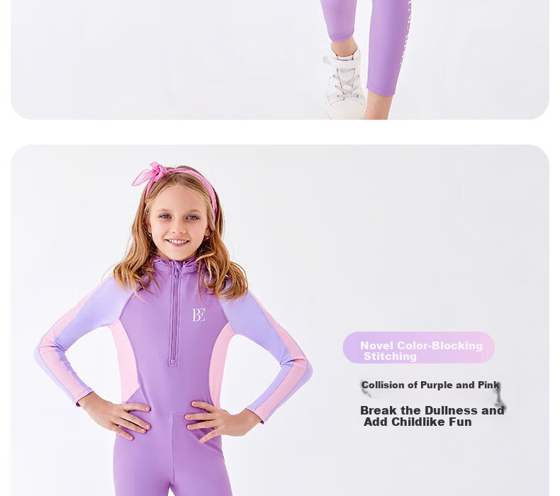 BALNEAIRE Kids One-Piece Swimsuit Girls Long Sleeve Sun Protection Surfing Breathable Chlorine Resistant Detachable Hood 4