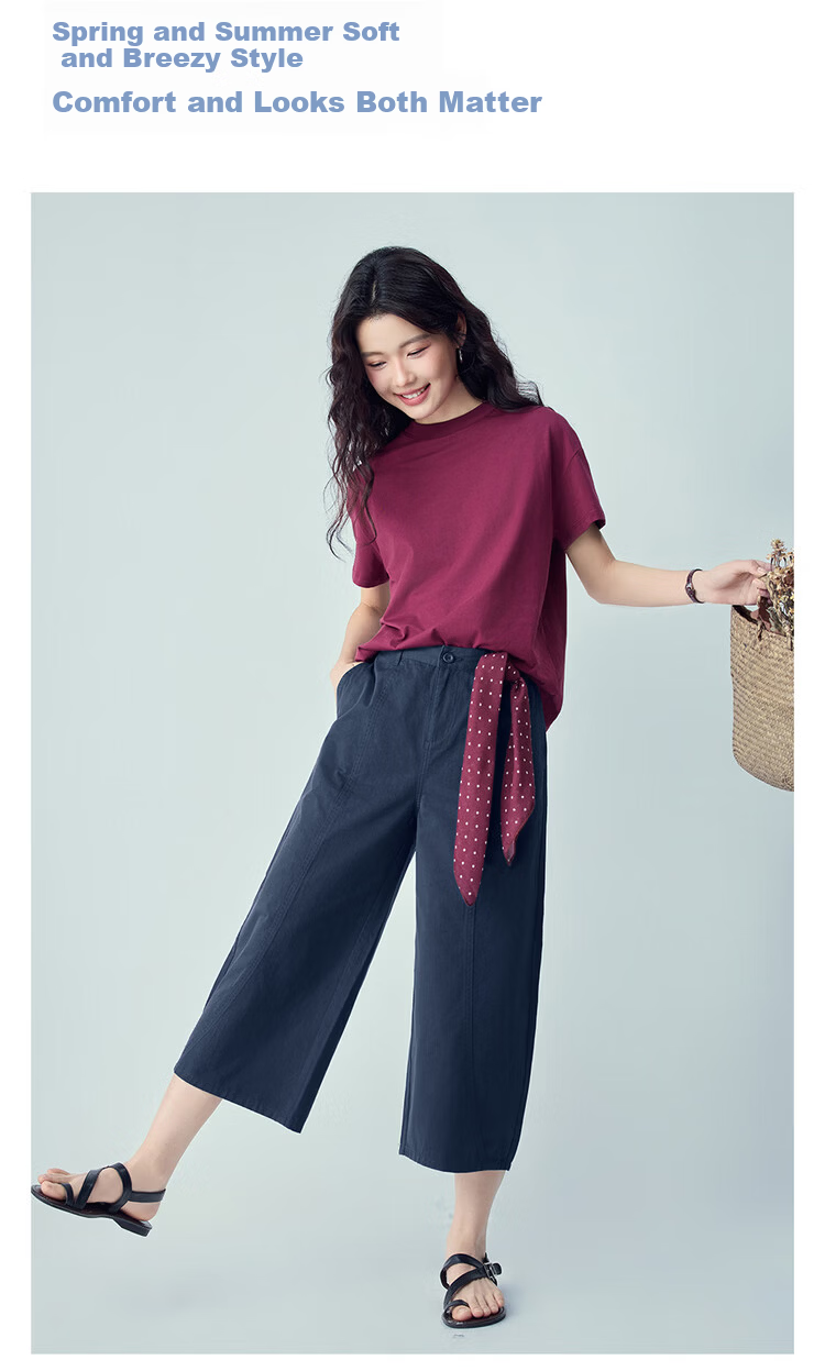 Giordano Women's 2026 Summer Pure Cotton Distressed Seven-Point Wide-Leg Mid-Waist Casual Pants 13426309 9