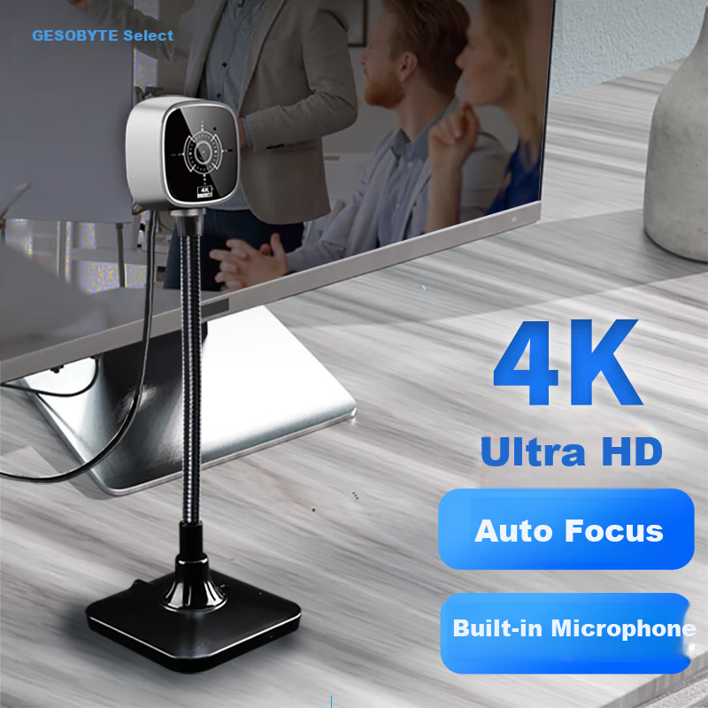 GESOBYTE C609 4K HD Live Streaming Webcam with Stand, USB Plug-and-Play Microphone for Video Calls, Conference, Online Teaching, Compatible with Laptop and Desktop