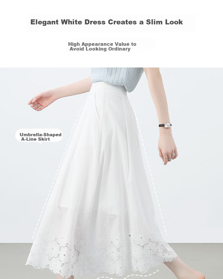Shangdu Bila Pure Cotton High-Waist Hollow Embroidered White A-Line Midi Skirt for Women Summer Vacation Slim Fit Skirt 7
