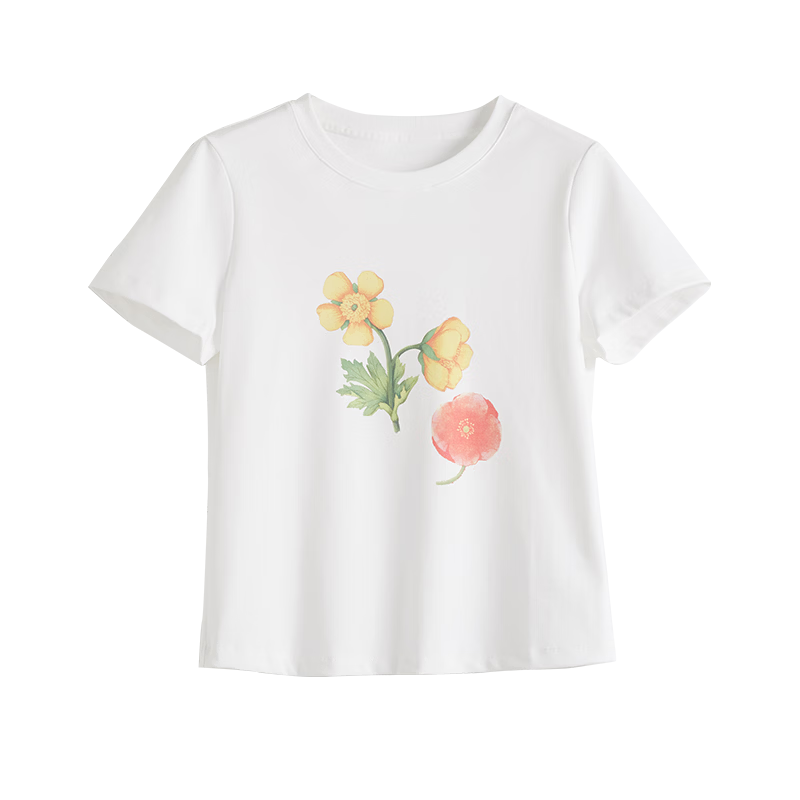 Sllsky Korean Style Floral Print Short Sleeve T-Shirt for Women 2026 Summer New Versatile Youthful Cropped Top