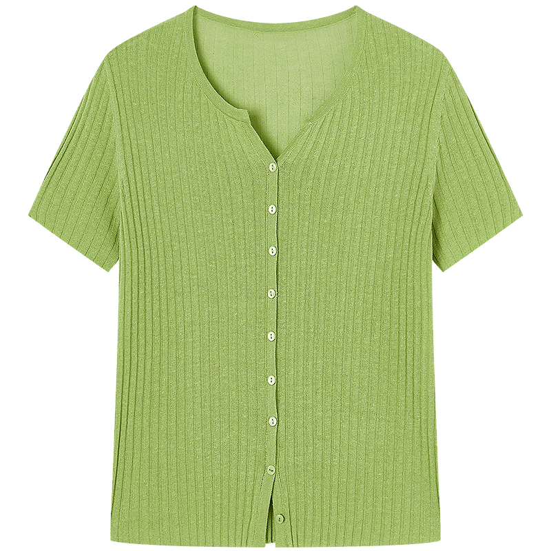 Yixiang Liying Solid Color Short Sleeve Linen Knit Top Women's New Soft Skin-Friendly Shoulder Fitting Inner Shirt Matcha Green S