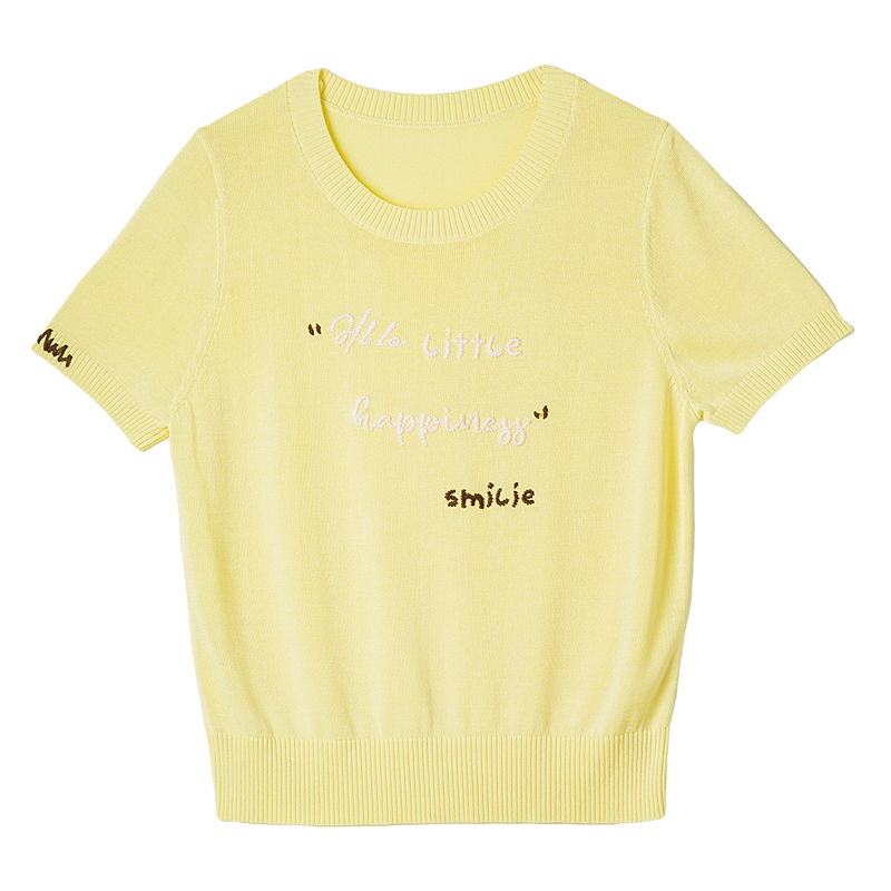 Olrain Summer New Short 3D Letter Embroidered Round Neck Short Sleeve Knit Top for Women Yellow M