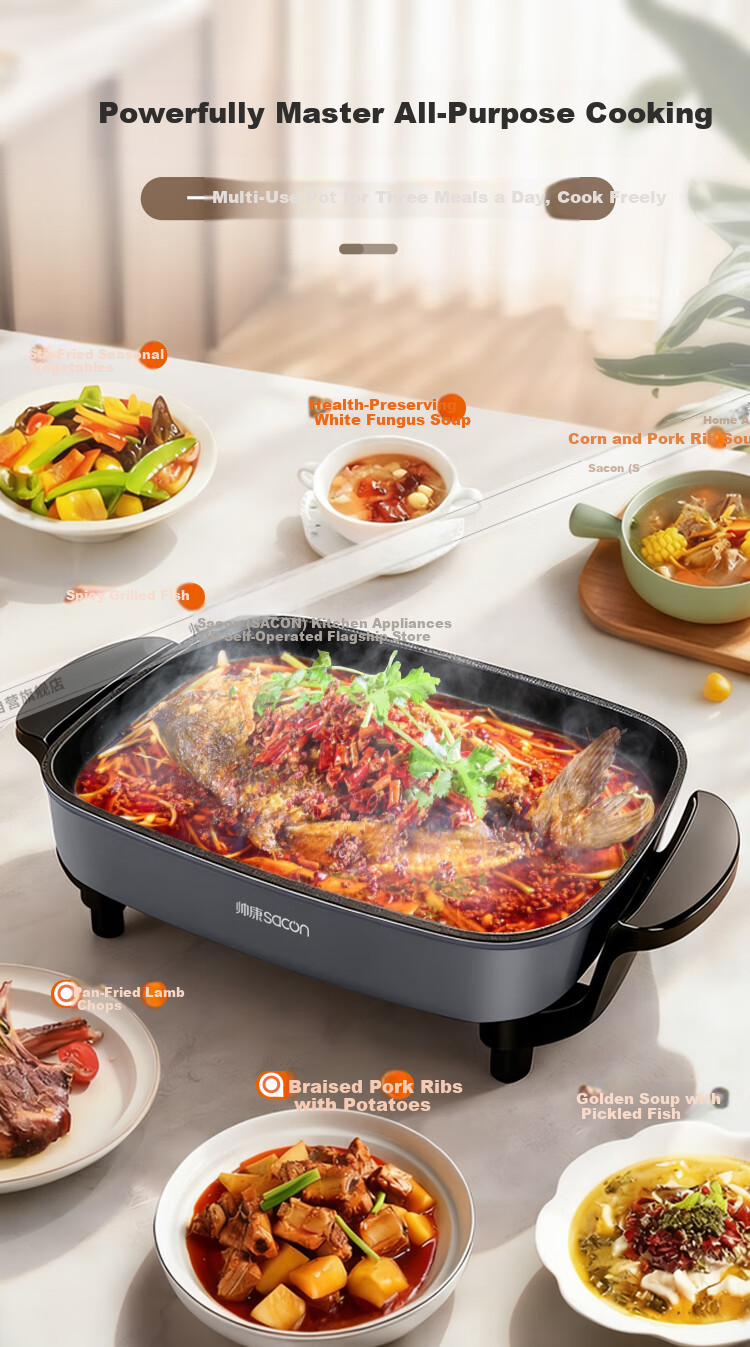 Sacon Electric Hot Pot Multifunctional Electric Frying Pan Grilled Fish Electric BBQ Stove Household Smokeless Electric Grill Large Capacity Non-stick Electric Skillet ML-8010C 5