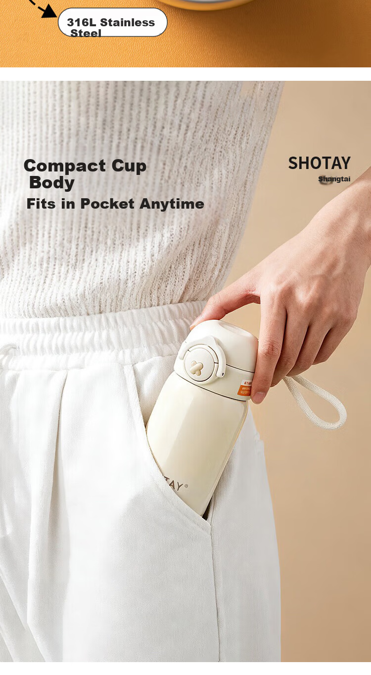 Shangtai 316L Stainless Steel Insulated Water Bottle 280ml Compact Pocket Outdoor Flip Lid Thermos 8185 White 3