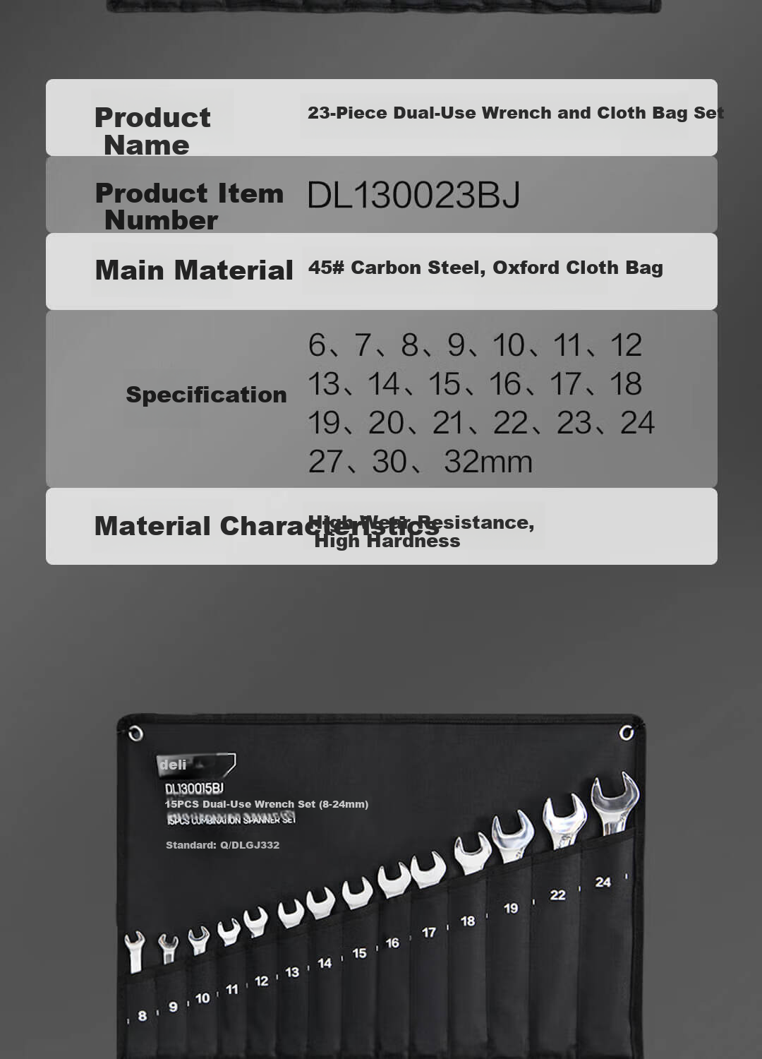 Deli Open-End Combination Wrench 14+1 Cloth Bag Set Multi-Functional Labor-Saving Quick Auto Repair Mechanical Maintenance Tool 12