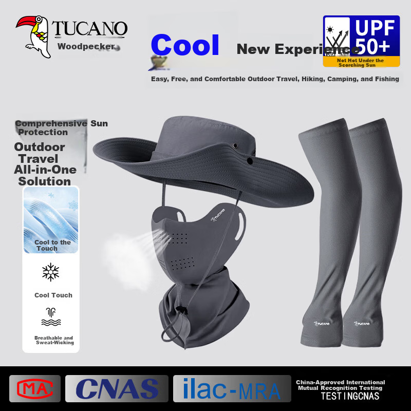 Woodpecker Outdoor Sun Protection Hat with Face Mask and Ice Sleeve Set Summer UV Protection Cycling Mountaineering Fishing Sunshade Bucket Hat for Men and Women