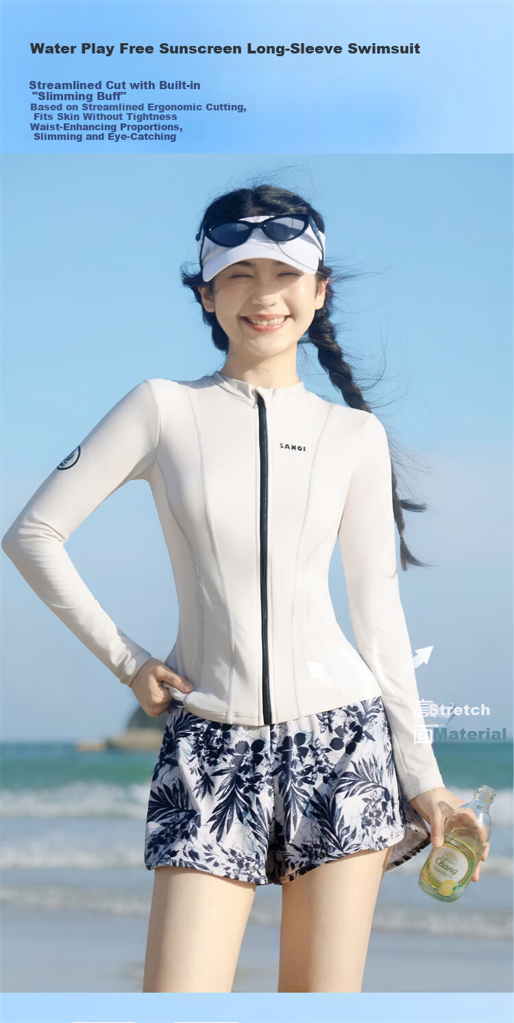 Sanqi Two-Piece Women's Long Sleeve Conservative Swimwear Plus Size Sporty Tummy Control Slimming Hot Spring Swimsuit XL 2