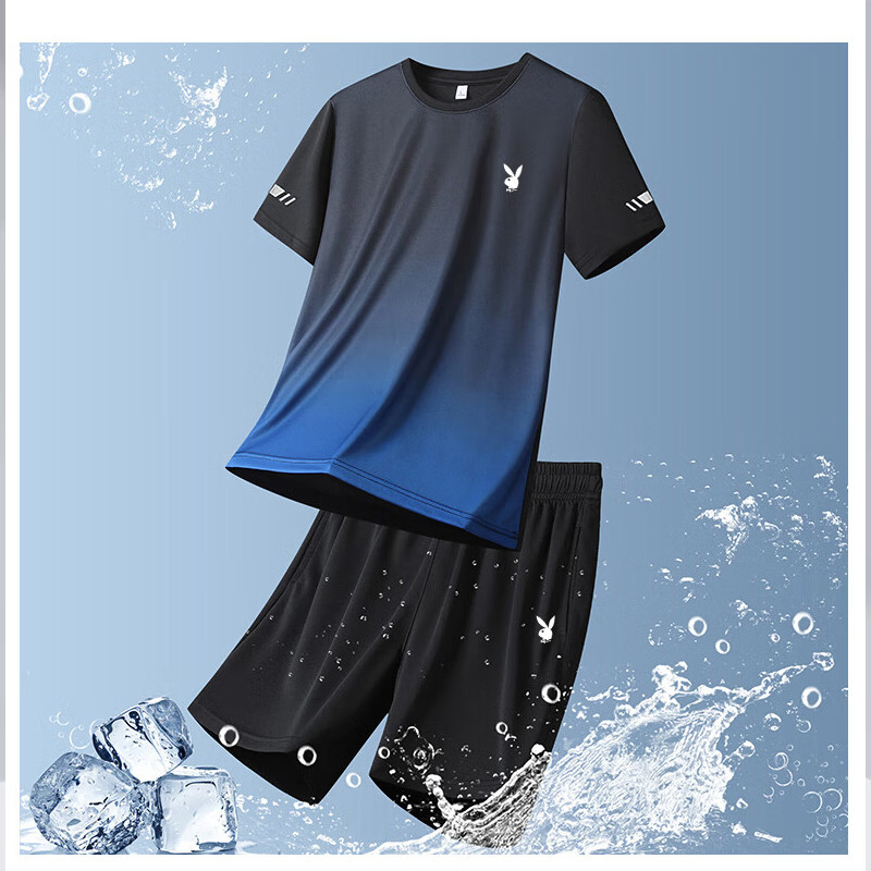 PLAYBOY Men's Summer Casual Cooling Breathable Quick-Dry Short Sleeve and Shorts Sports Two-Piece Set Black Gray XL 8
