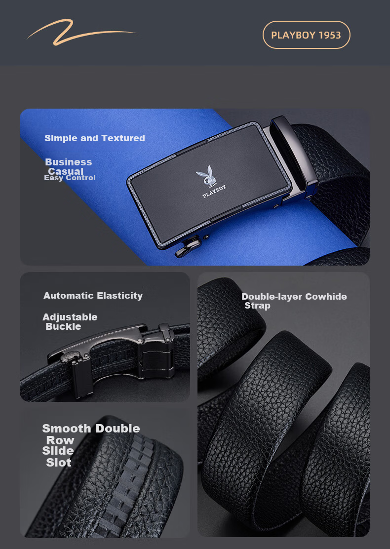PLAYBOY Men's Genuine Leather Belt Cowhide Automatic Buckle Casual Waistband Business Versatile Gift for Boyfriend Husband 2