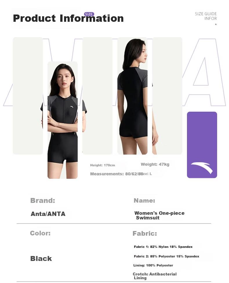 ANTA Women's One-Piece Swimsuit, Boyshort Style, Tummy Control, Sun Protection, Slimming, Conservative, Chlorine-Resistant, Quick-Drying, Suitable for Hot Springs And Sports Activities 10