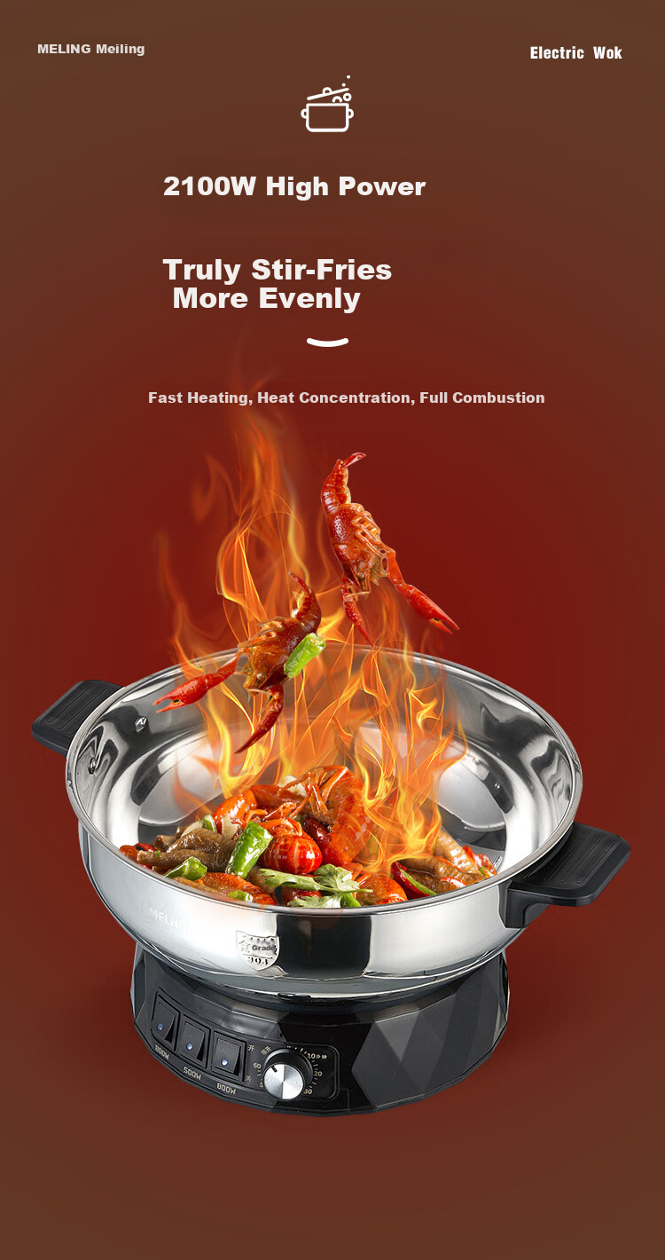 MeiLing Electric Frying Pan New Generation Healthy Large Capacity 304 Stainless Steel Electric Steamer Electric Cooker Stew Steam Cook Non-Stick Multifunctional All-in-One Electric Pot Multi-Purpose E 14