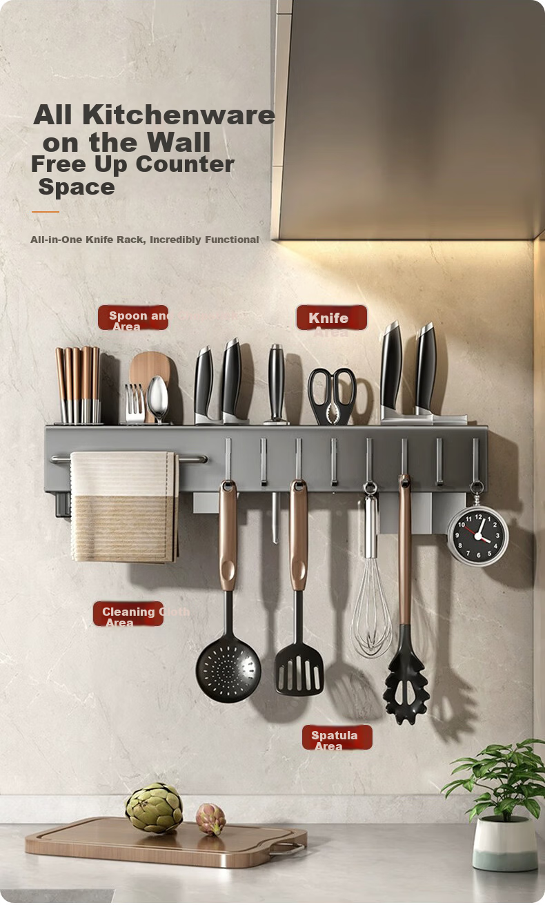 ZhaiQingSong Kitchen Wall-Mounted Multifunctional No-Drill Knife Rack Cloth Draining Storage Hook Spoon Chopsticks Holder Integrated Organizer Rack 3