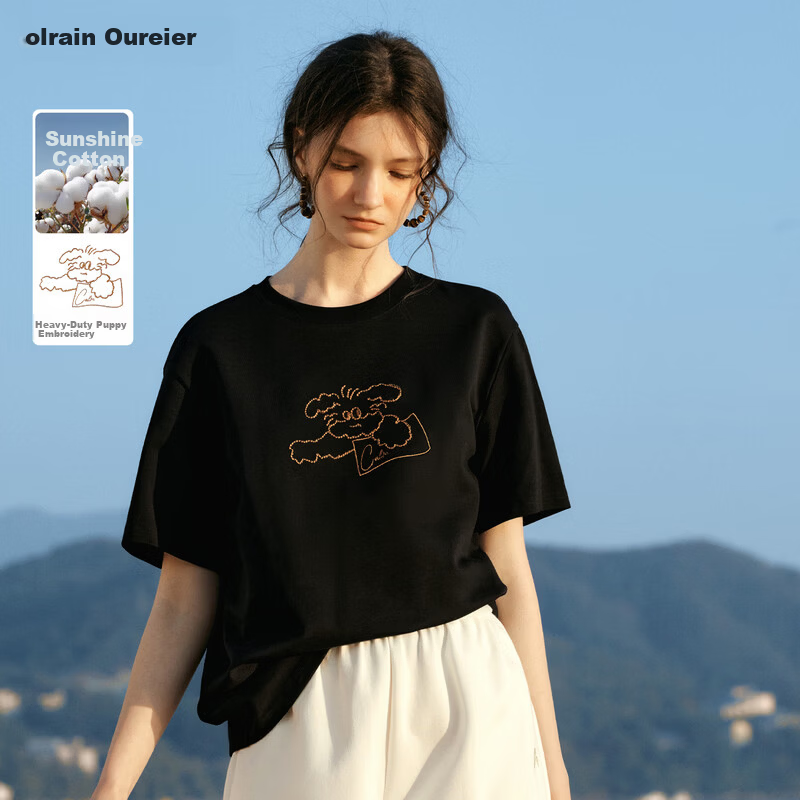 Olrain Eurier New Summer Women's Casual Dog Embroidery Crew Neck Loose Short Sleeve T-Shirt Black XL
