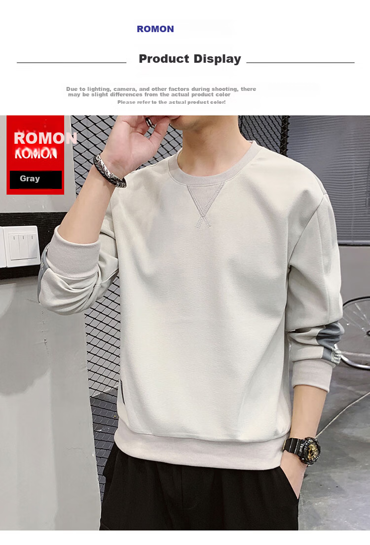 ROMON Men's Sweatshirt Spring and Autumn Long Sleeve T-Shirt Casual Round Neck White XL 4