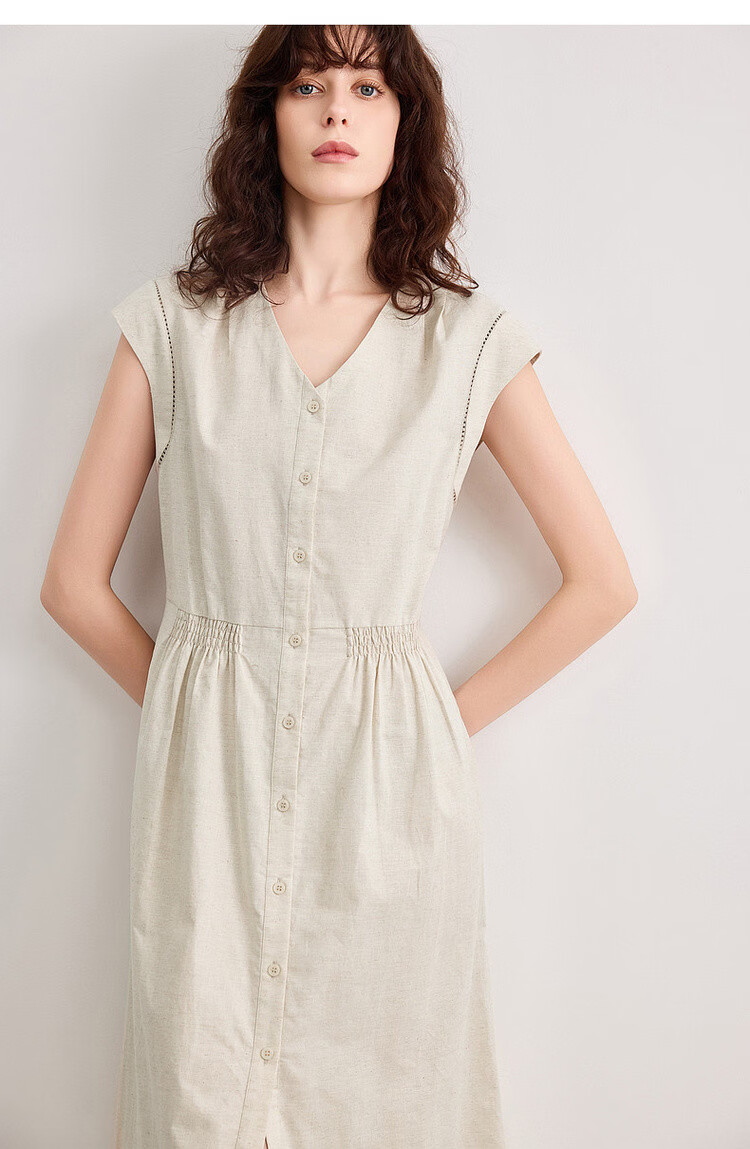 Demana [With Linen Cotton] Summer Commuter Style Lace Splice Cap Sleeve V-Neck Waist Cinched A-Line Mid-Length Dress for Women 18