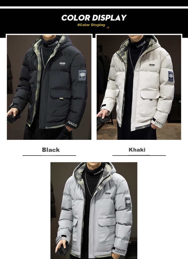 JEEP SPIRIT Men's Cotton Padded Jacket Autumn Winter Thick Warm Hooded Sports Coat Black 2XL 4