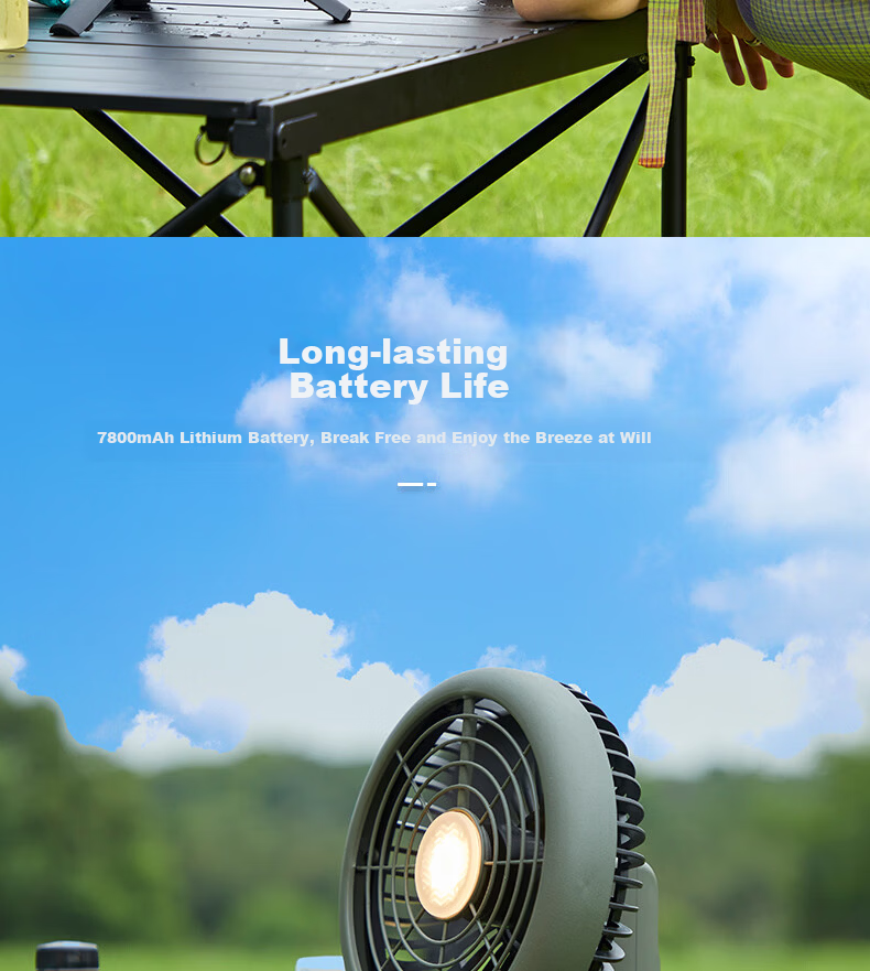 Sanlixi Mini Fan Outdoor Camping Portable Brushless Motor Silent Oscillating Fan Long-lasting Battery Fan with Light 6