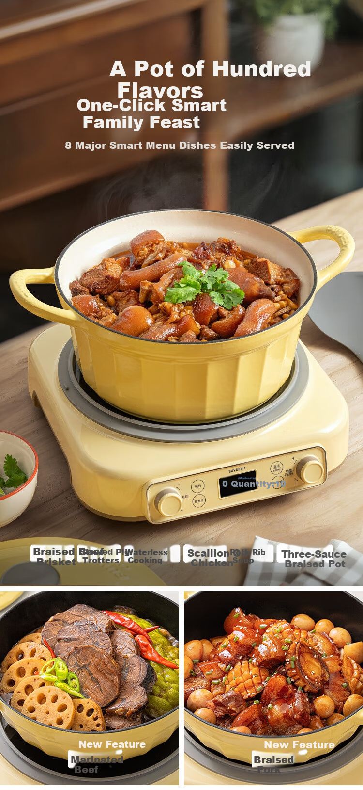 Buydeem Rice Cooker, Home Use Detachable Multi-Functional Large Capacity Cooking Pot, IH Heating Non-Stick Inner Pot, 2-5 People [Xiao Ge Huang] Rice Cooker + Barbecue Pot + Hot Pot, 3L 3