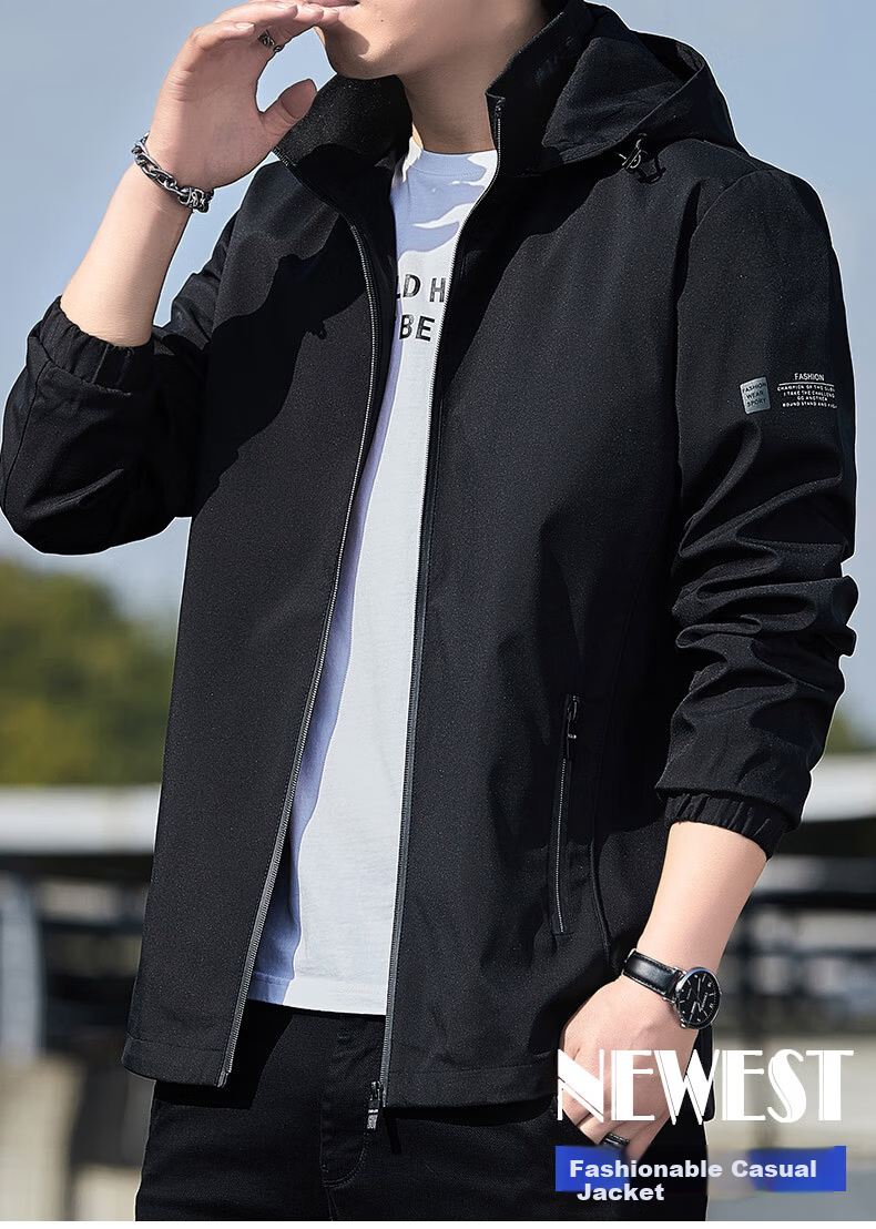ROMON Men's Jacket Spring Autumn Trendy Youth Business Casual Hooded Coat Black 3XL 2186 1